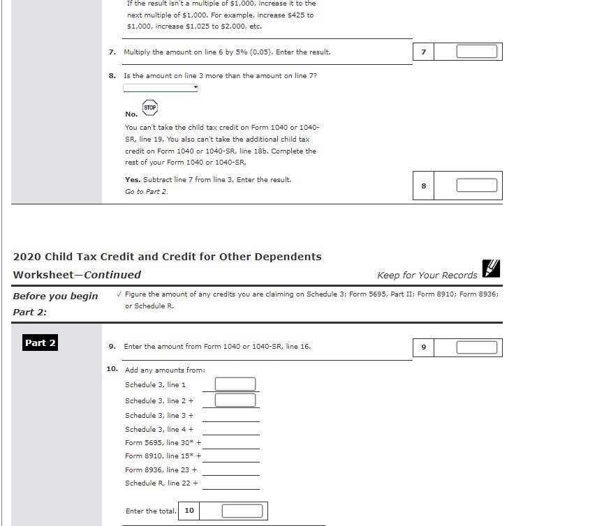 E, Form 4562, Child Tax Credit Worksheet, Form 8995, and Schedule 8812.