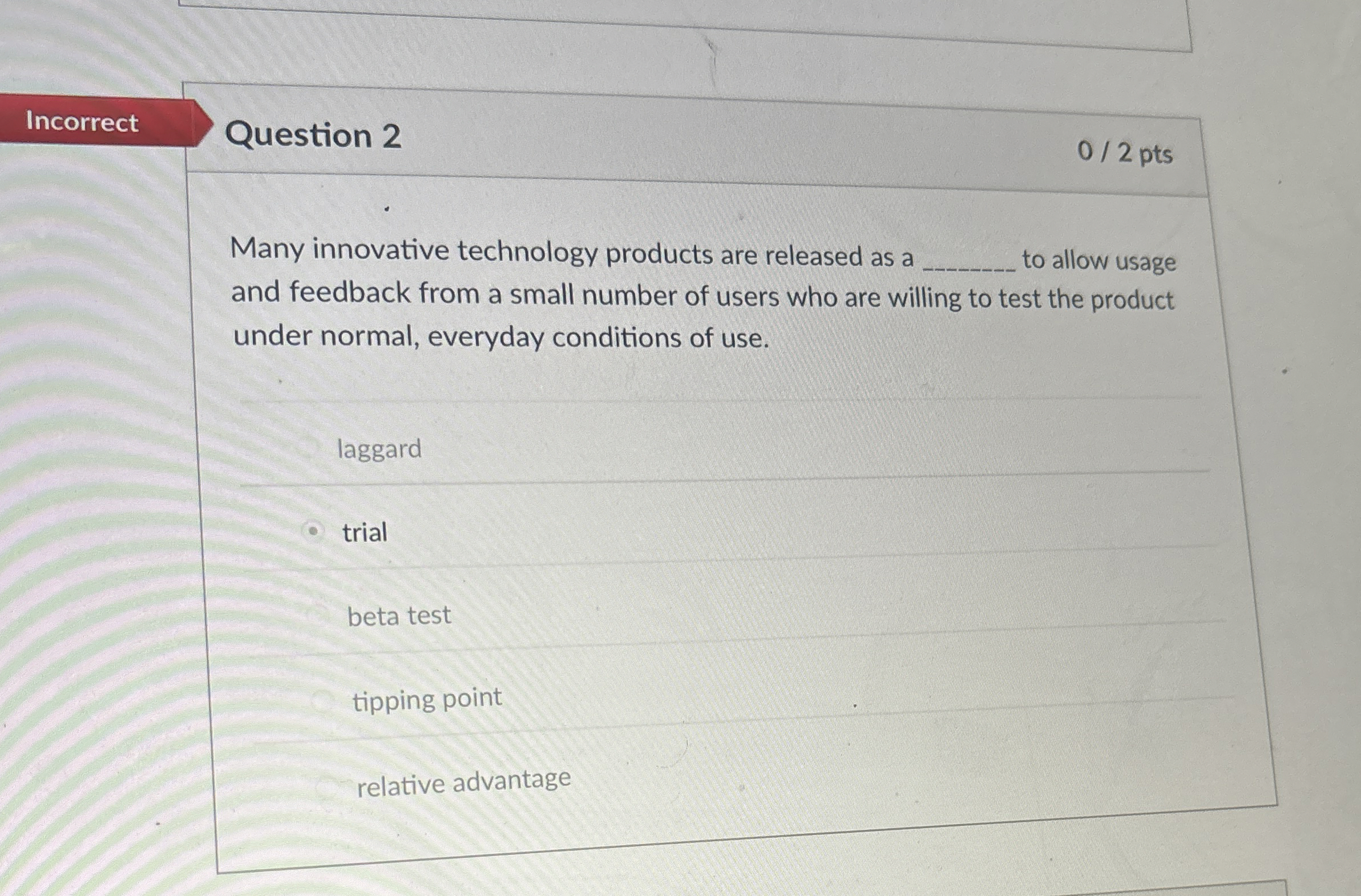  Incorrect Question 2 02 pts Many innovative technology products are released
