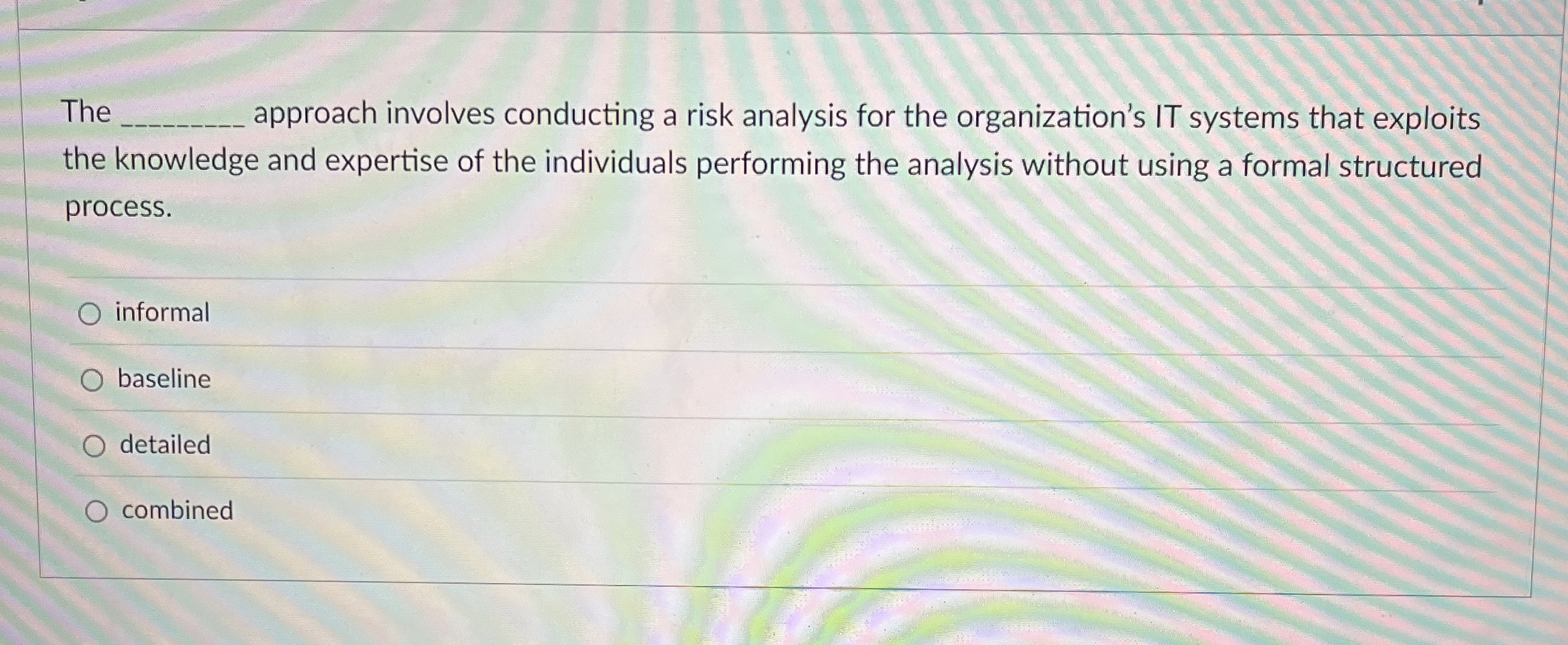 The approach involves conducting a risk analysis for the organization's IT