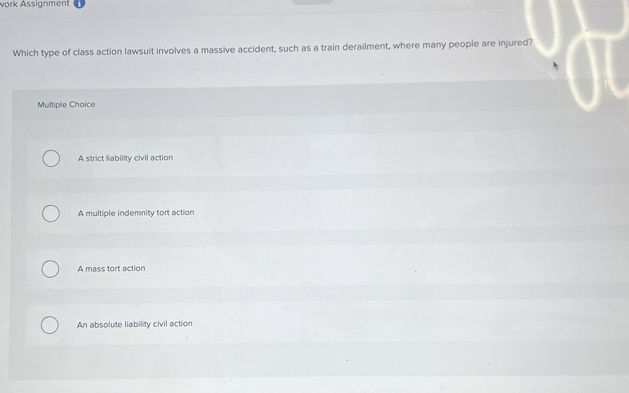  Which type of class action lawsuit involves a massive accident, such