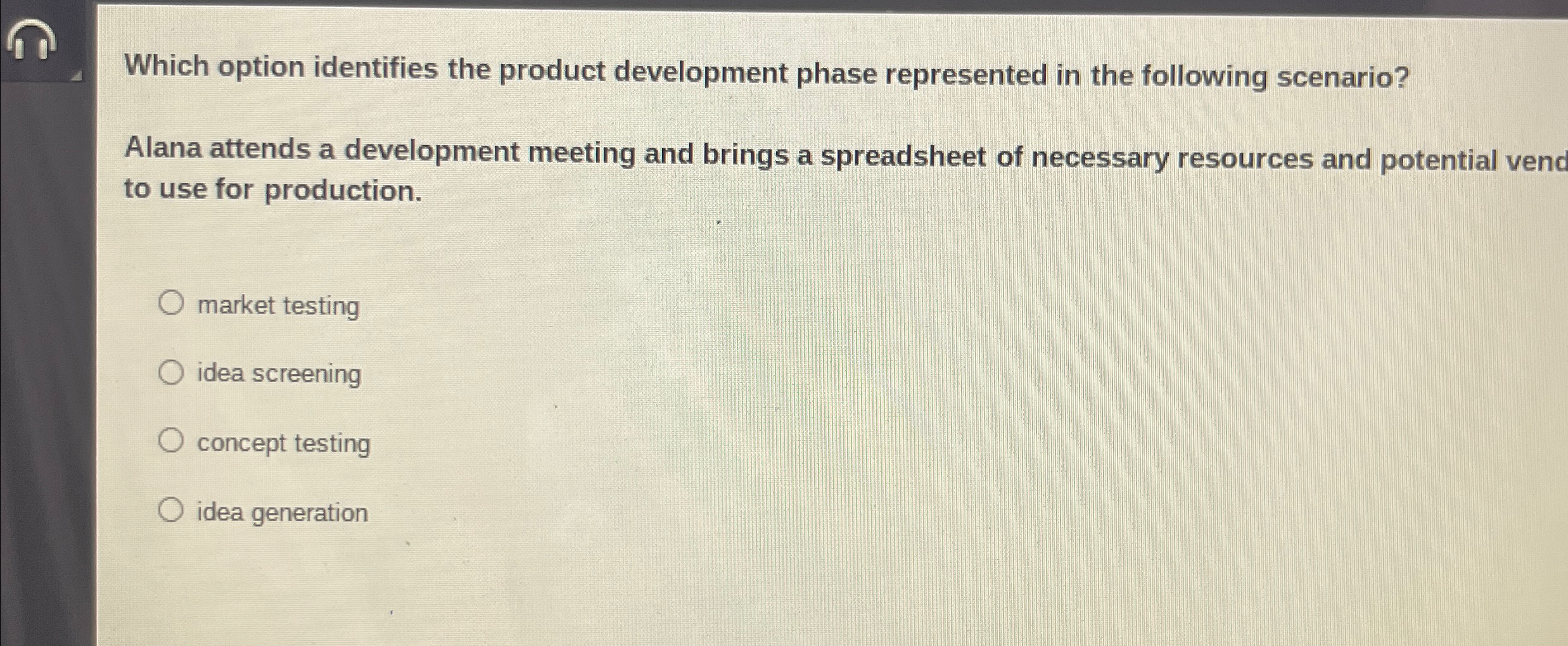  Which option identifies the product development phase represented in the following