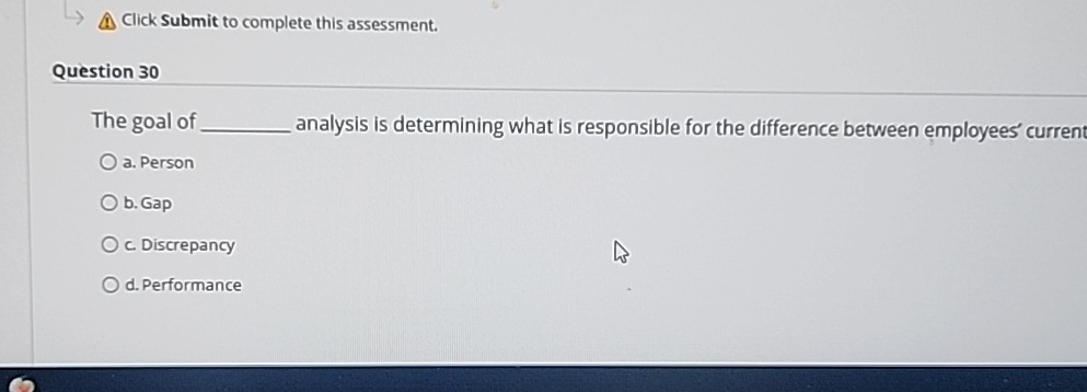  Click Submit to complete this assessment. Question 30 The goal of