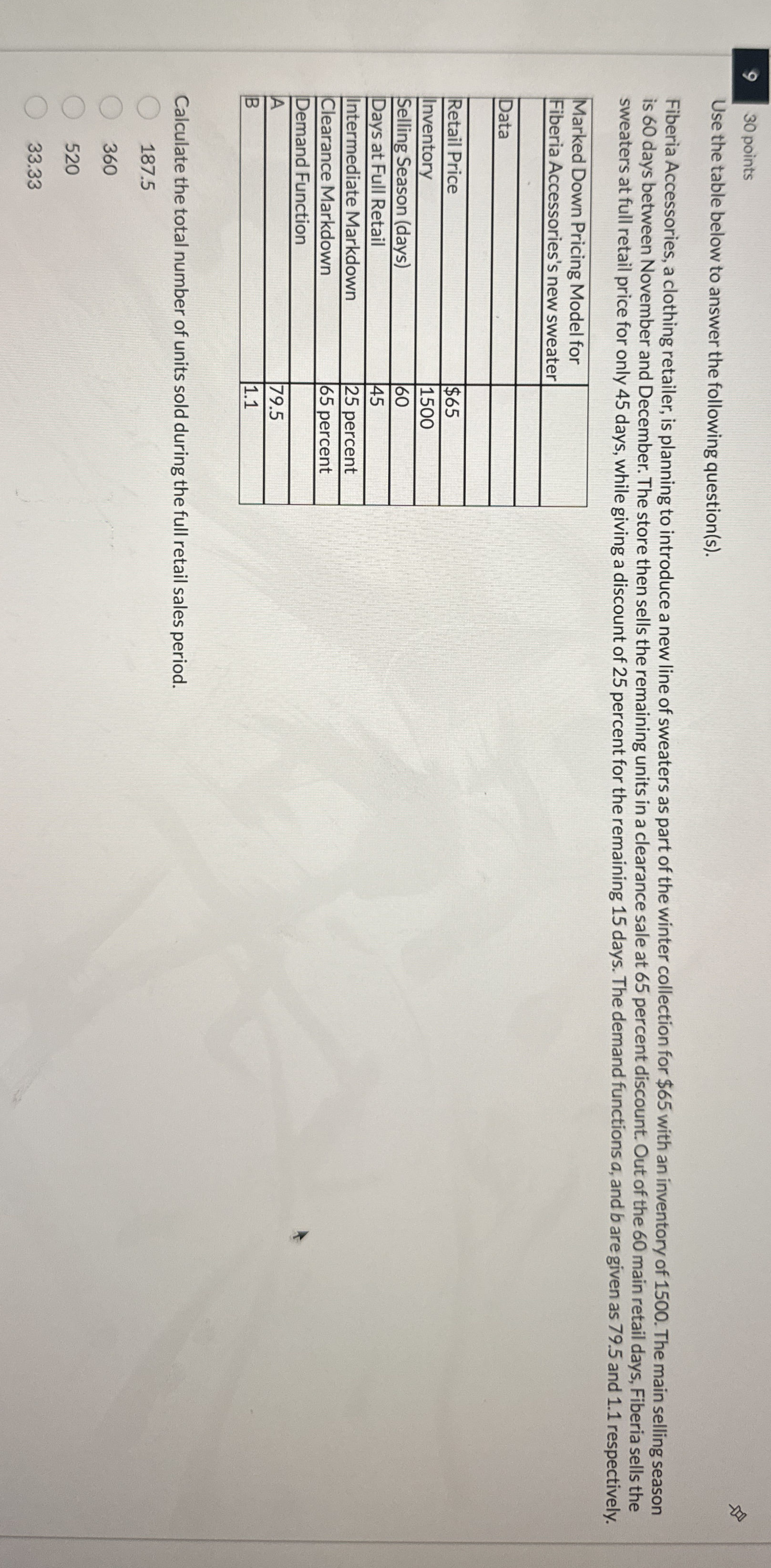  Use the table below to answer the following question(s). Fiberia Accessories,