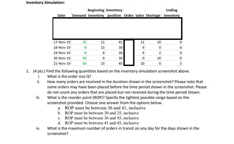  Inventory Simulation: (4 pts.) Find the following quantities based on the