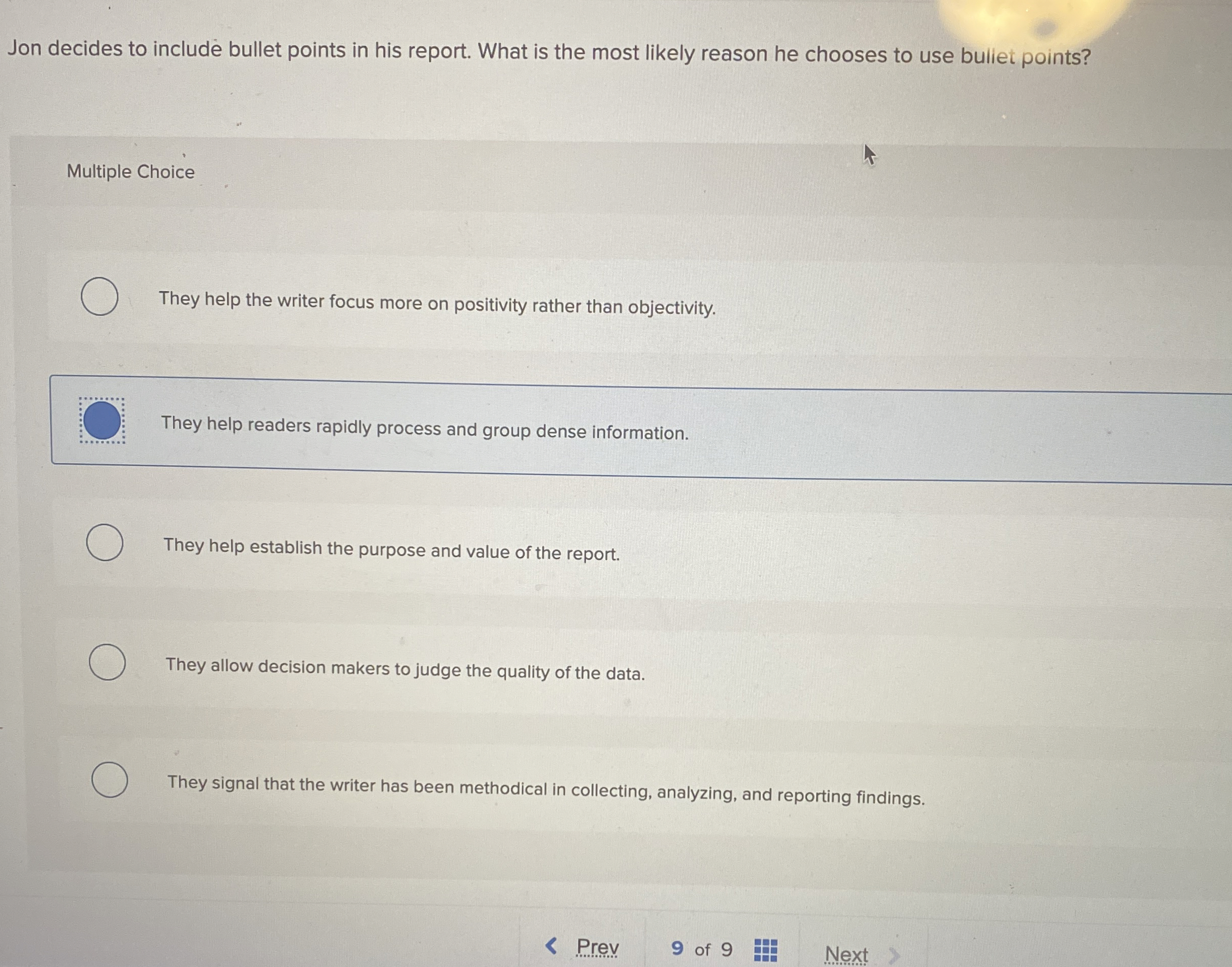  Jon decides to include bullet points in his report. What is