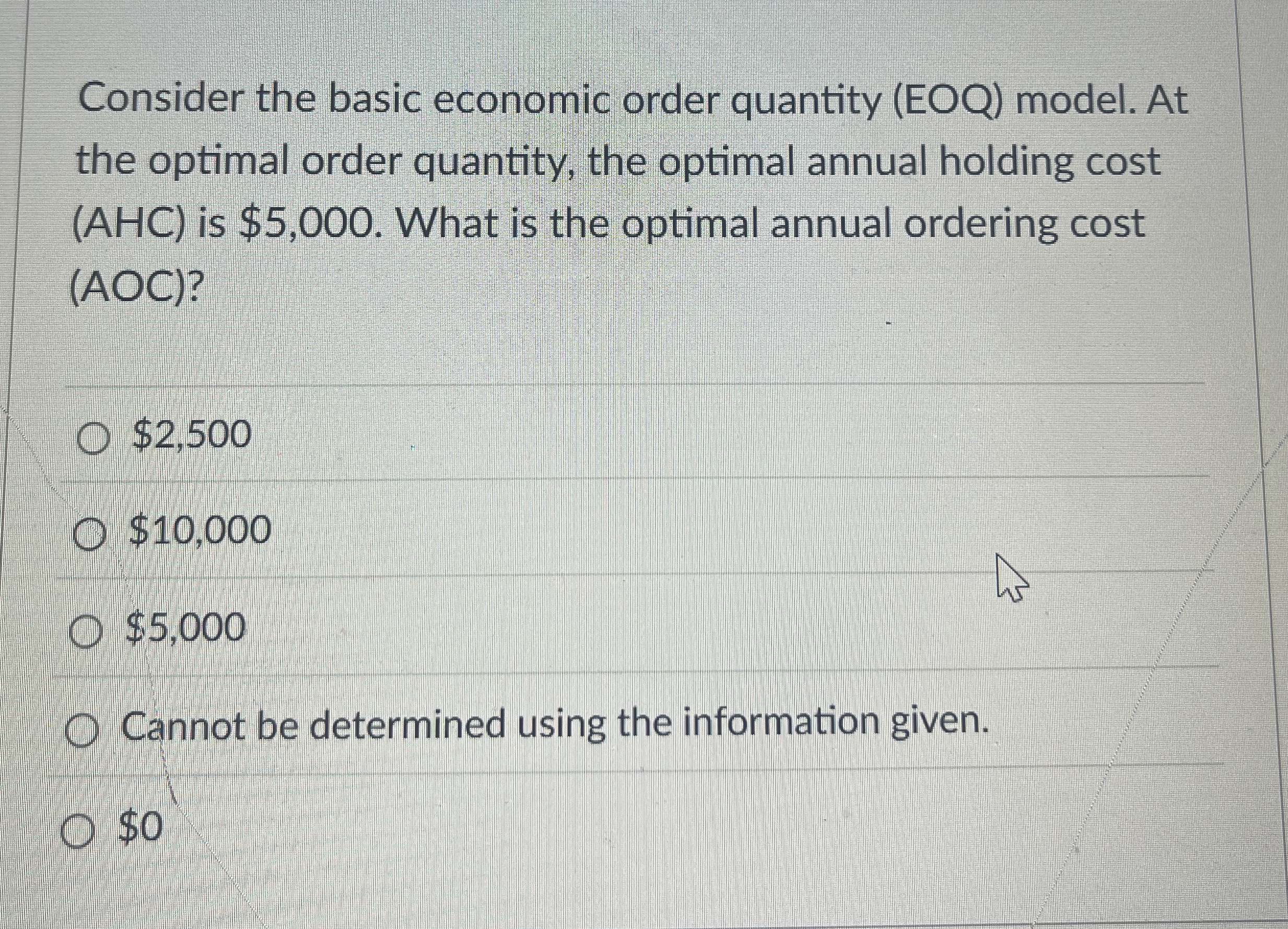  Consider the basic economic order quantity (EOQ) model. At the optimal
