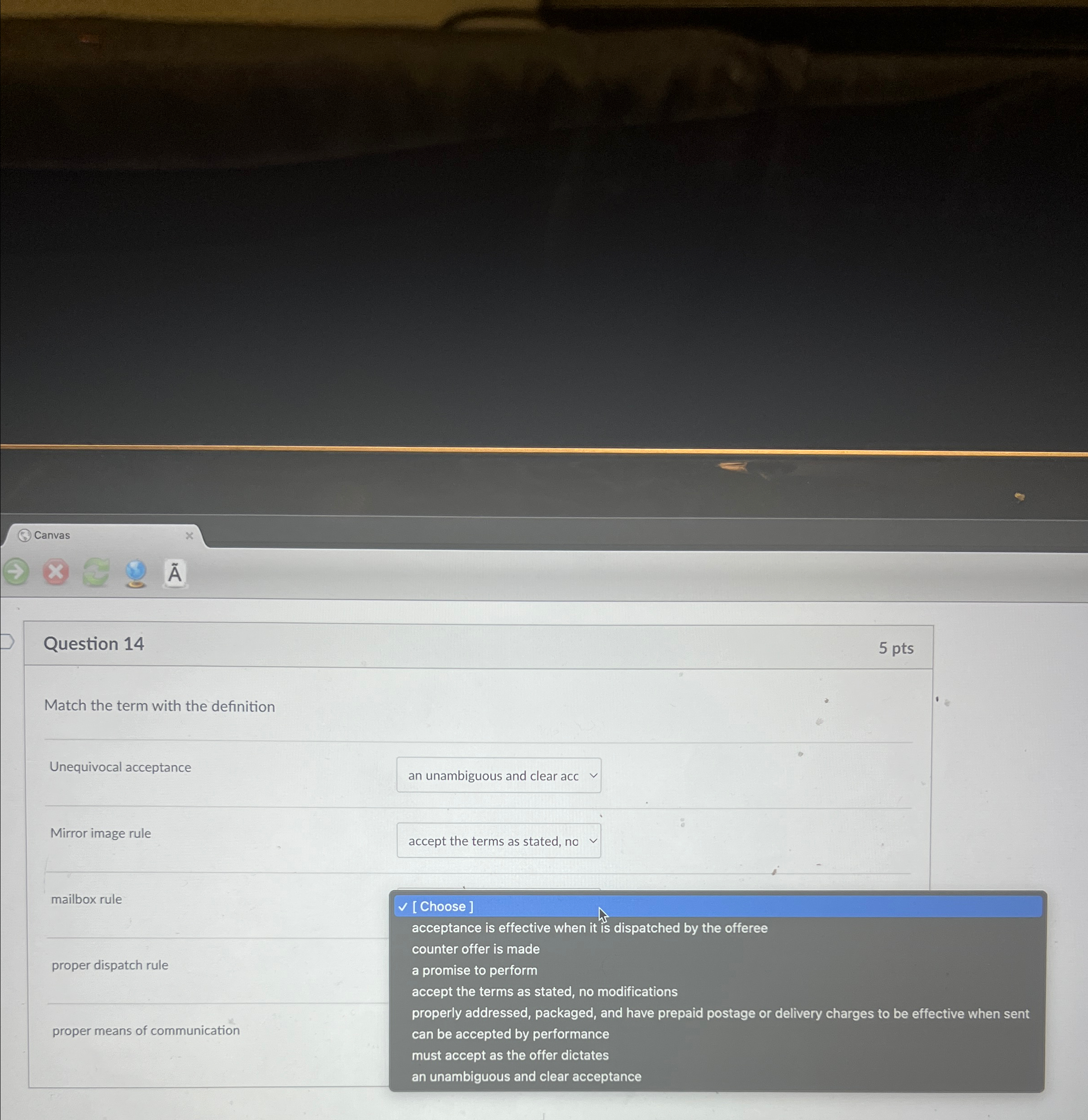  Canvas x ?bar(A) Question 14 5 pts Match the term with