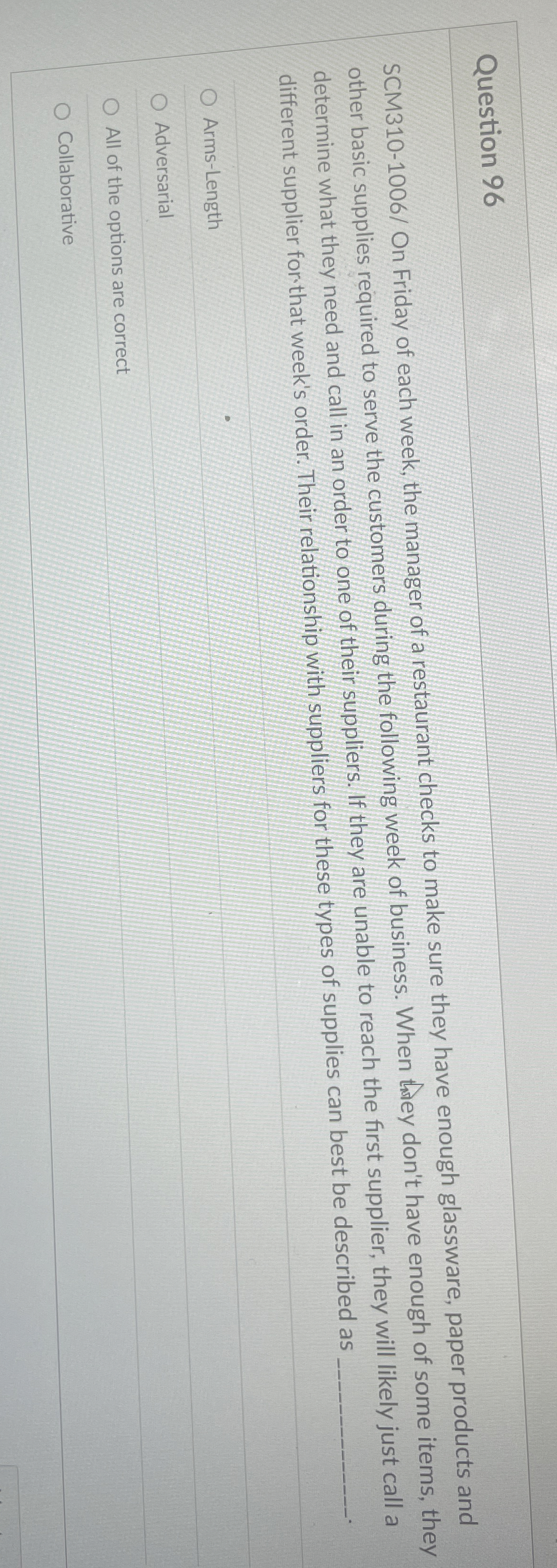  Question 96 SCM310-1006/On Friday of each week, the manager of a