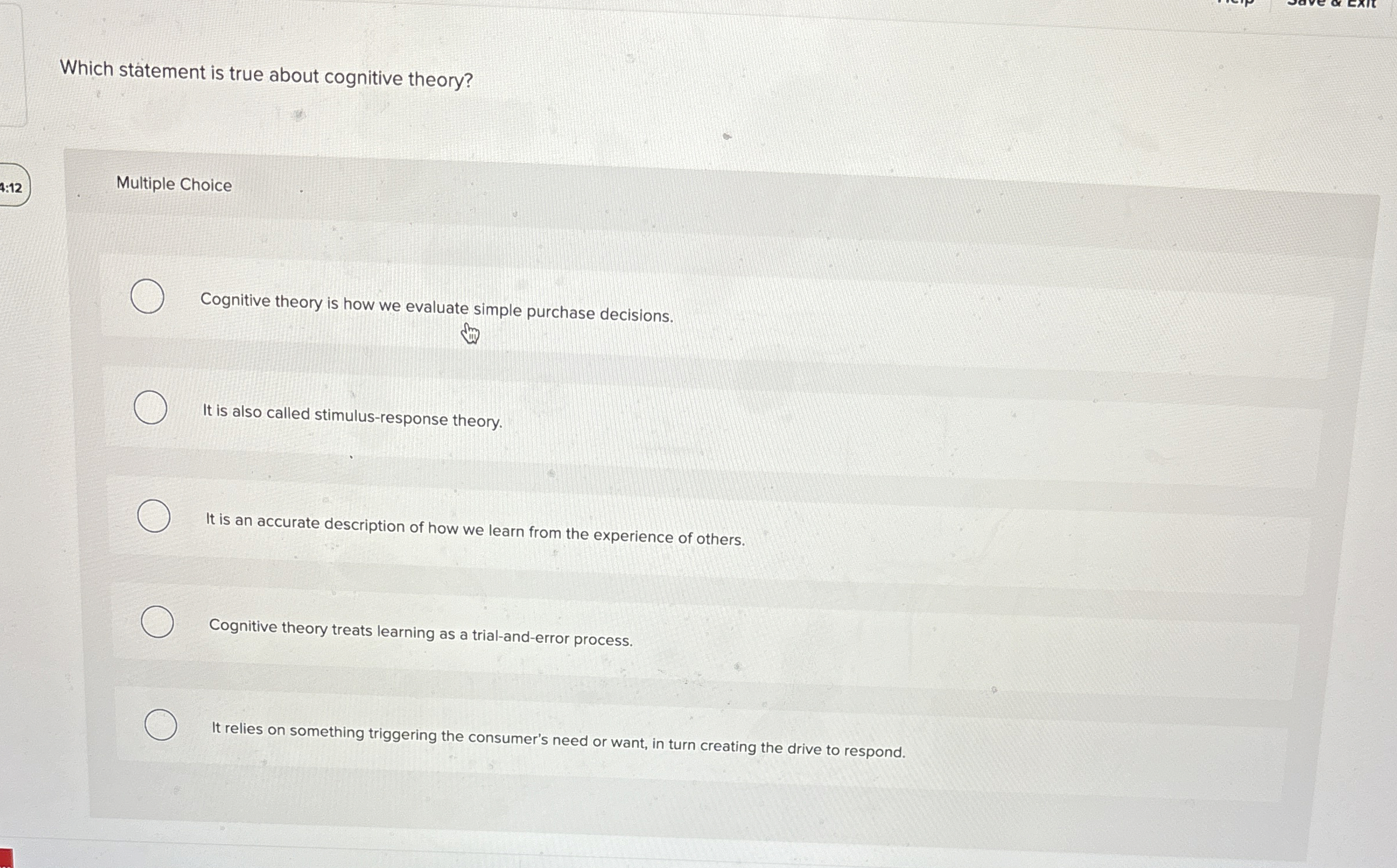  Which statement is true about cognitive theory? Multiple Choice Cognitive theory