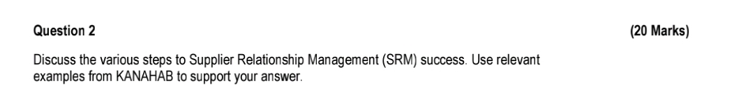  Question 2 (20 Marks) Discuss the various steps to Supplier Relationship