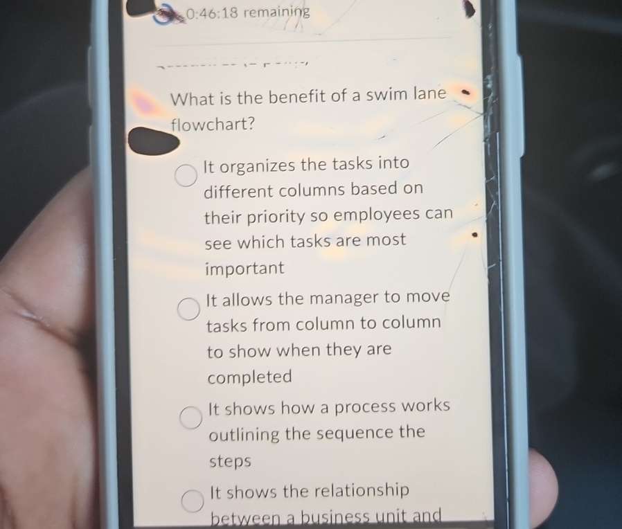  0:46:18 remaining What is the benefit of a swim lane flowchart?