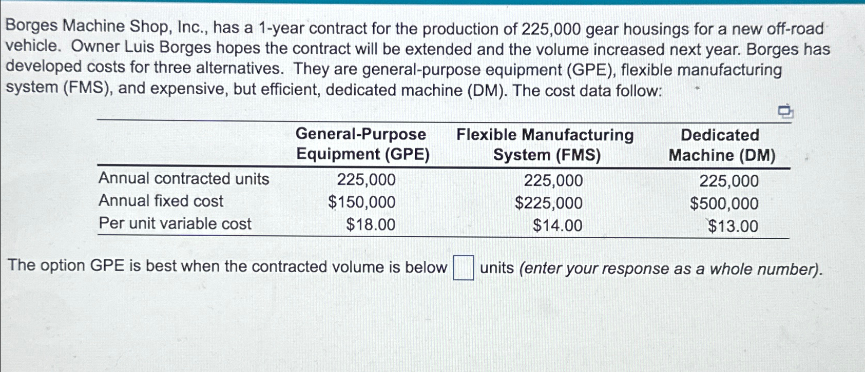  Borges Machine Shop, Inc., has a 1-year contract for the production