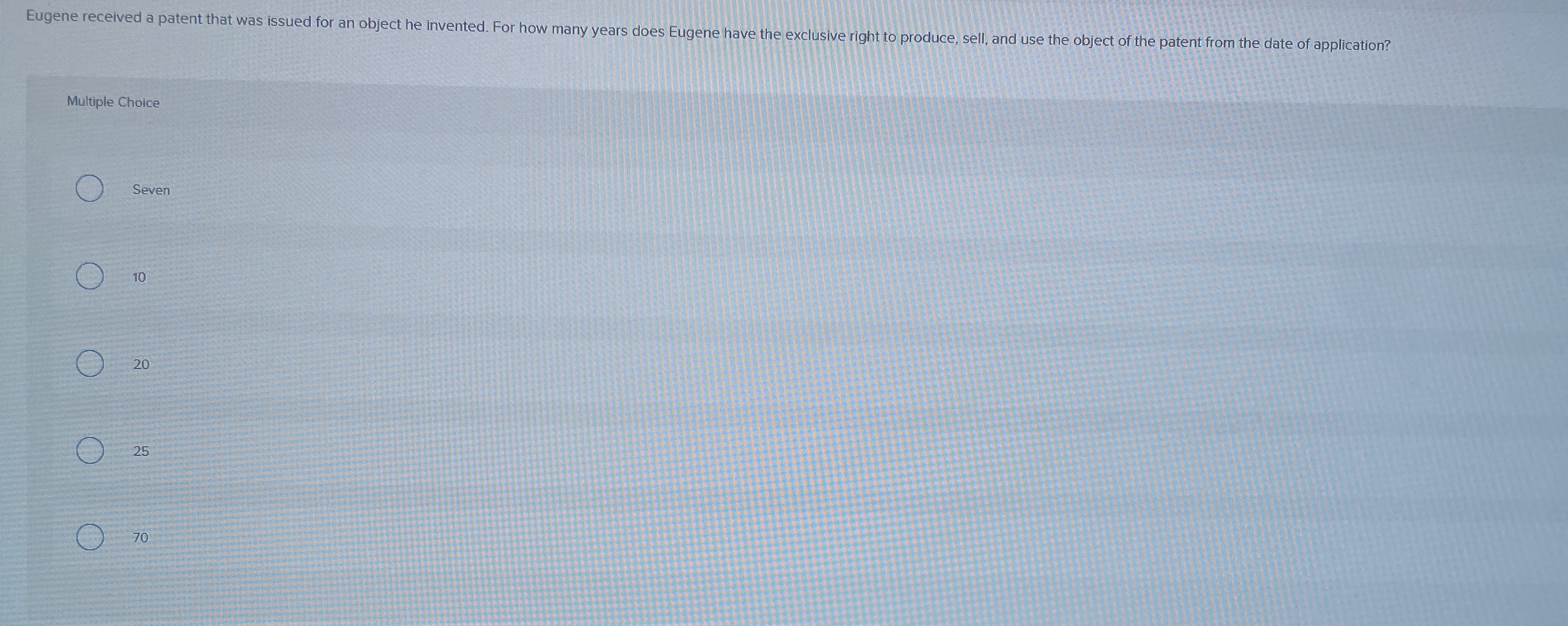 Multiple Choice Seven 10 20 25 70 