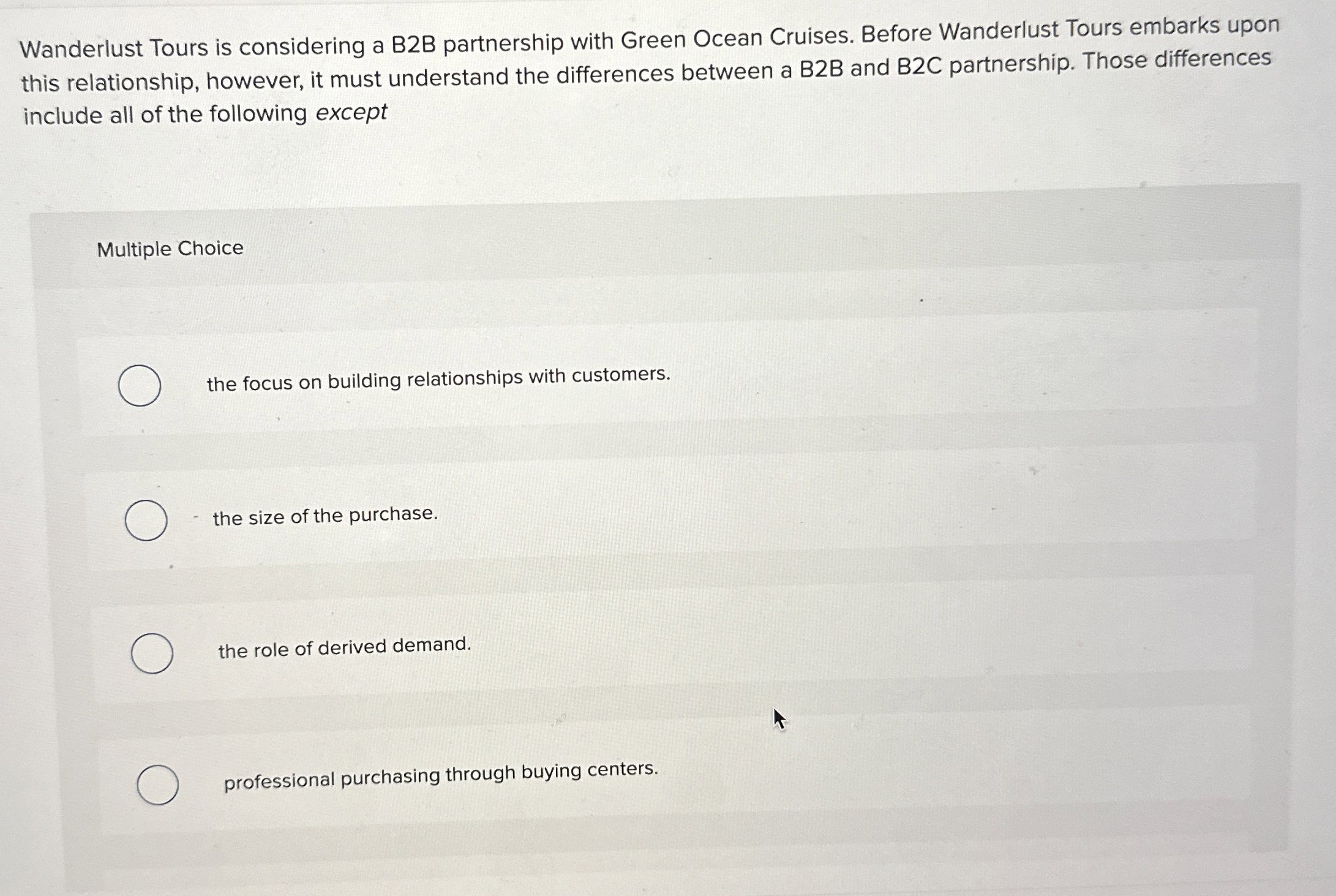 Wanderlust Tours is considering a B2B partnership with Green Ocean Cruises.