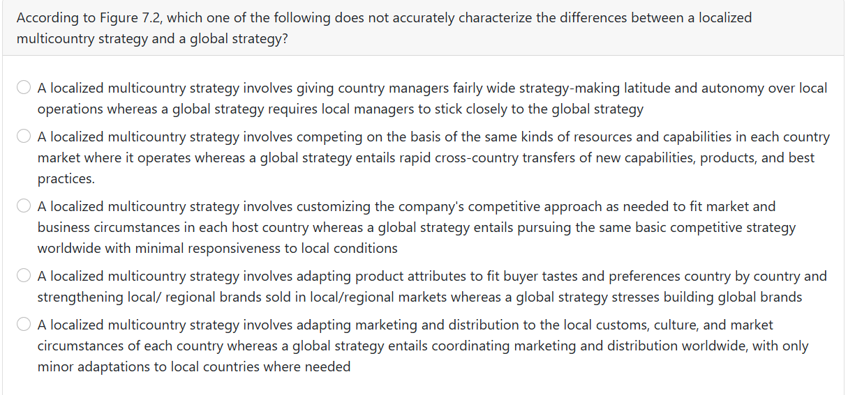  multicountry strategy and a global strategy? A localized multicountry strategy involves