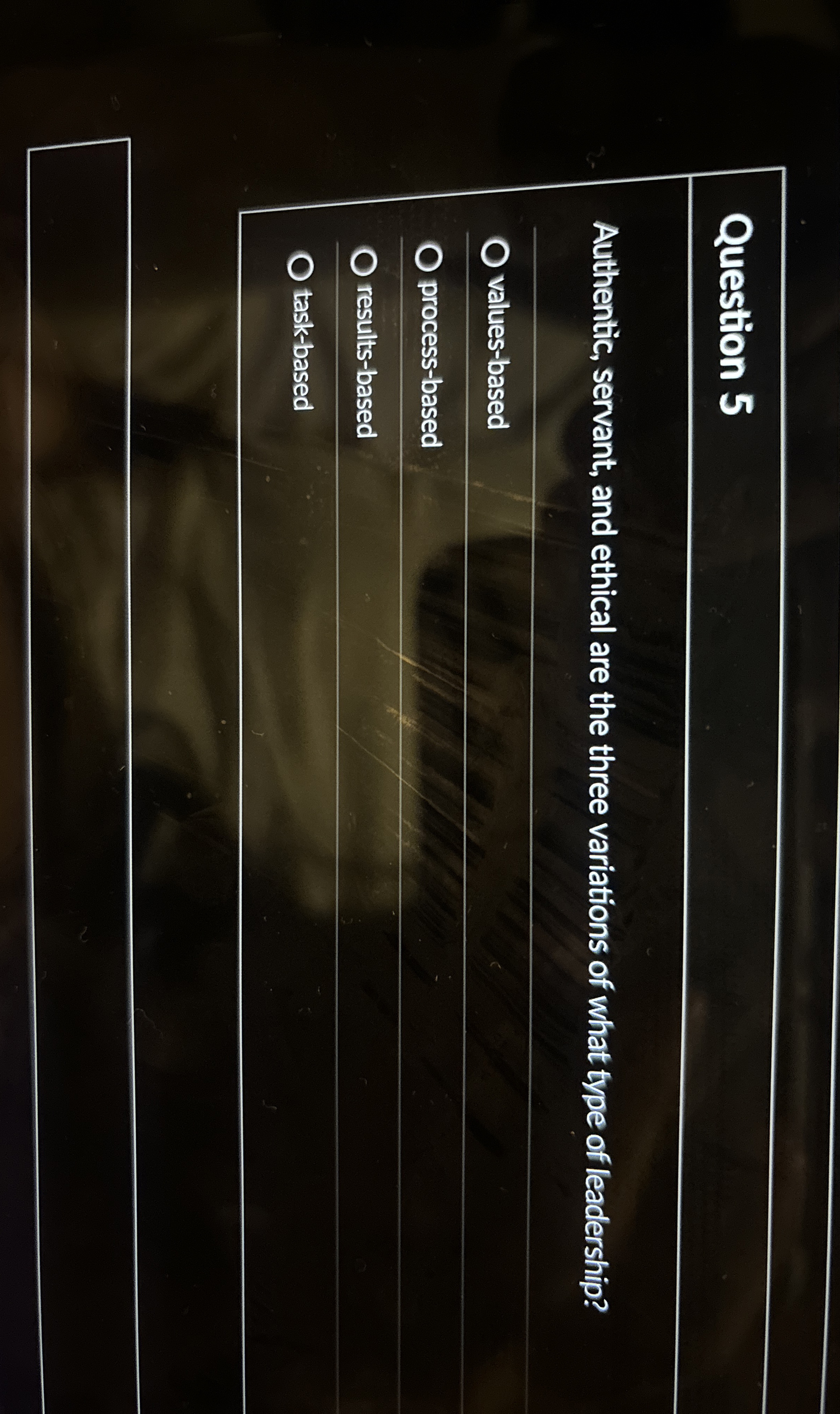  Question 5 Authentic, servant, and ethical are the three variations of