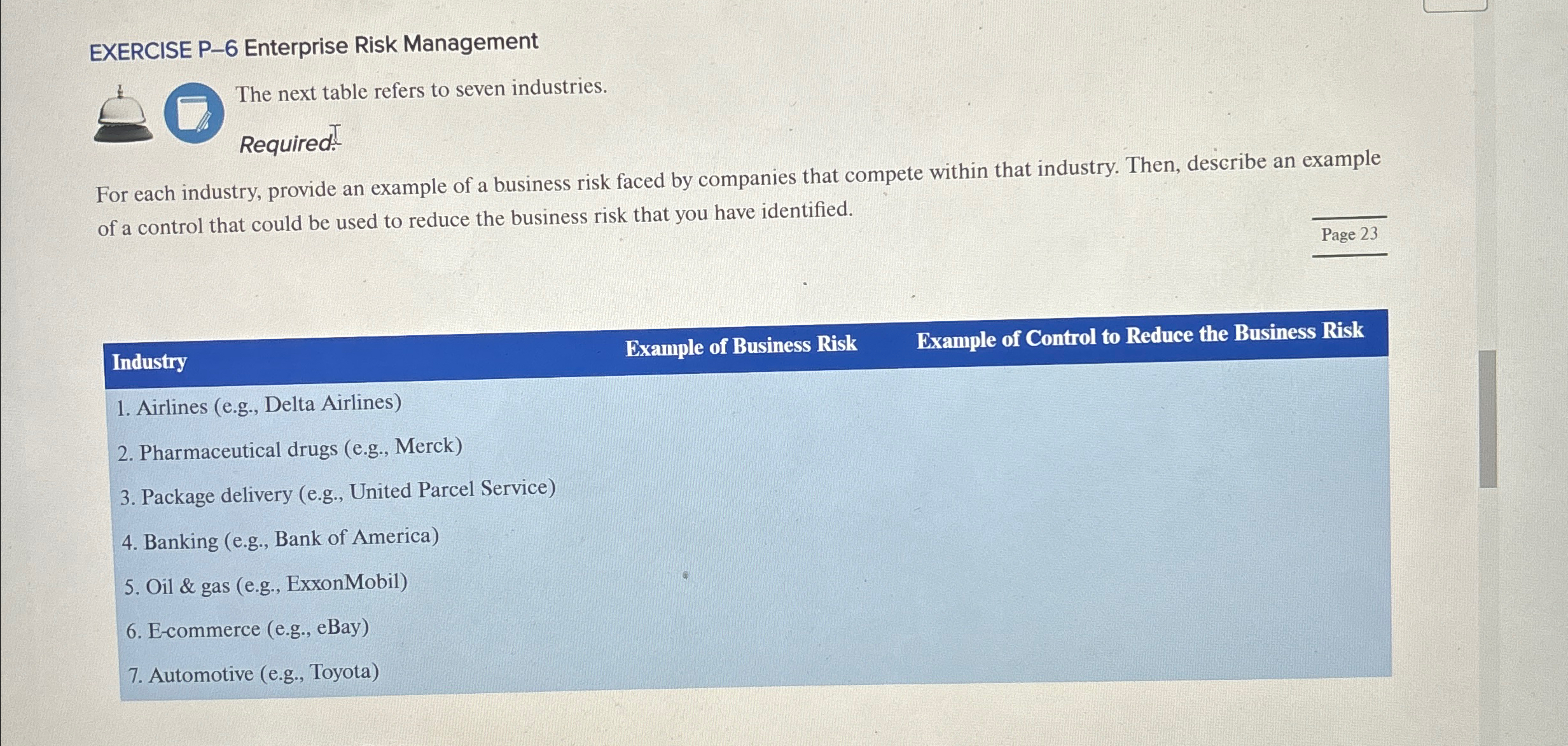  EXERCISE P-6 Enterprise Risk Management The next table refers to seven