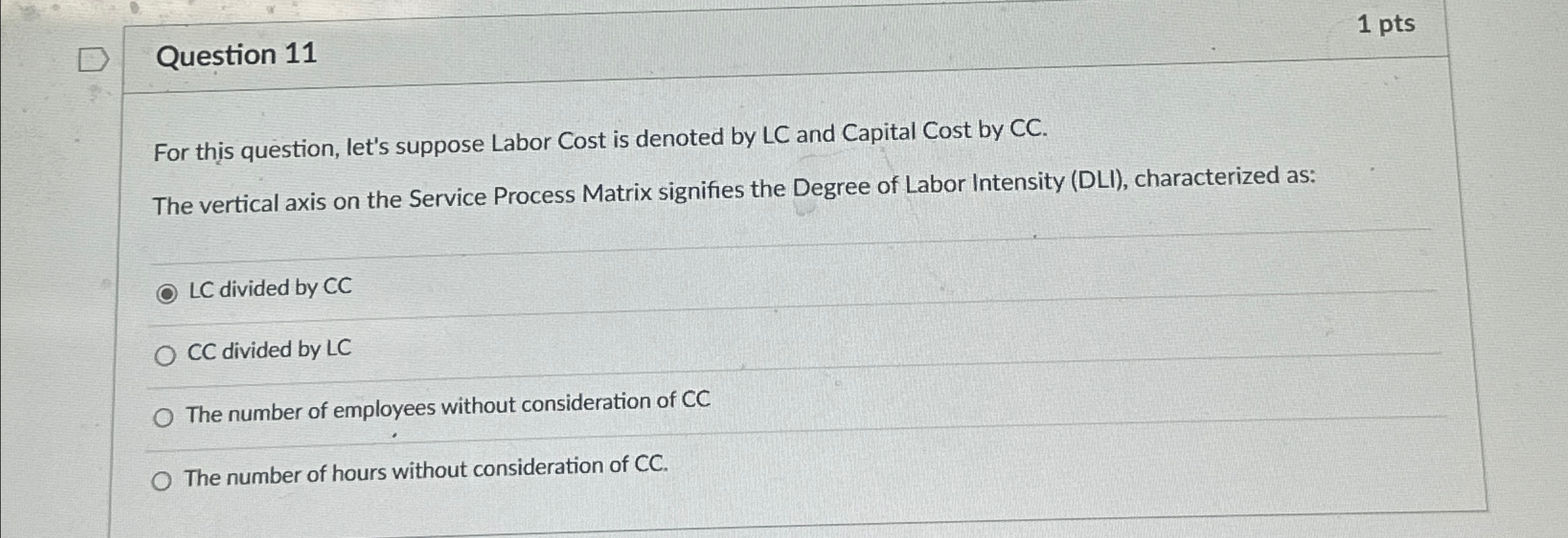  Question 11 1 pts For this question, let's suppose Labor Cost