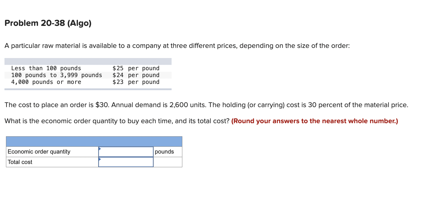  Problem 20-38(Algo) A particular raw material is available to a company