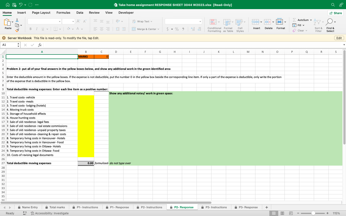 Take home assignment RESPONSE SHEET 3044 W2023.xisx [Read-Only] Home Insert Page Layout
