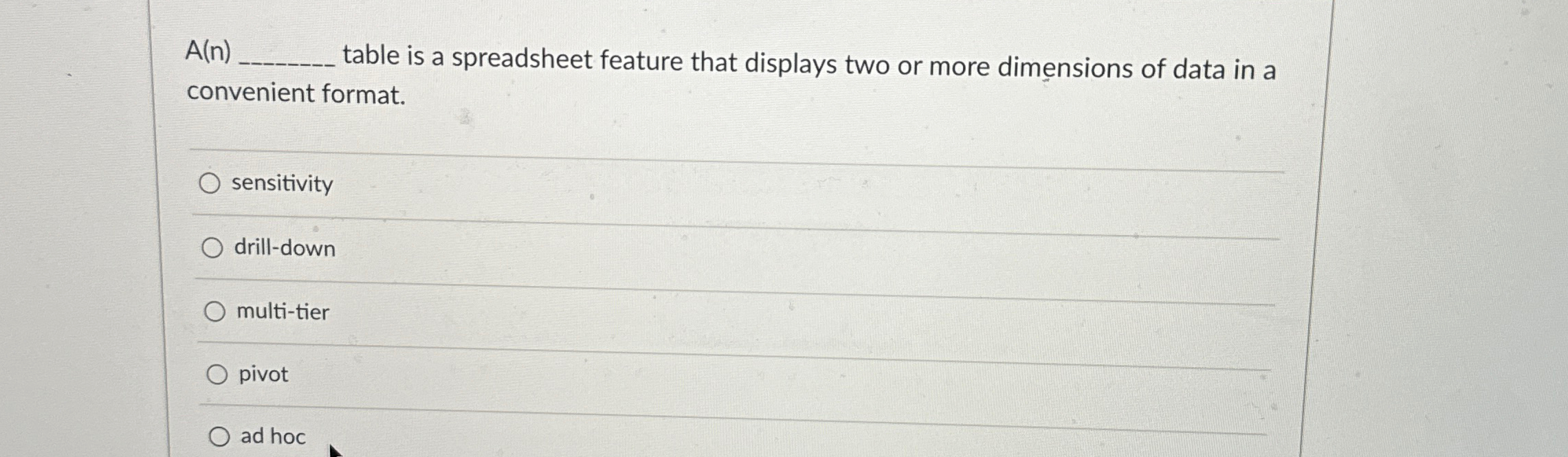  A(n) table is a spreadsheet feature that displays two or more