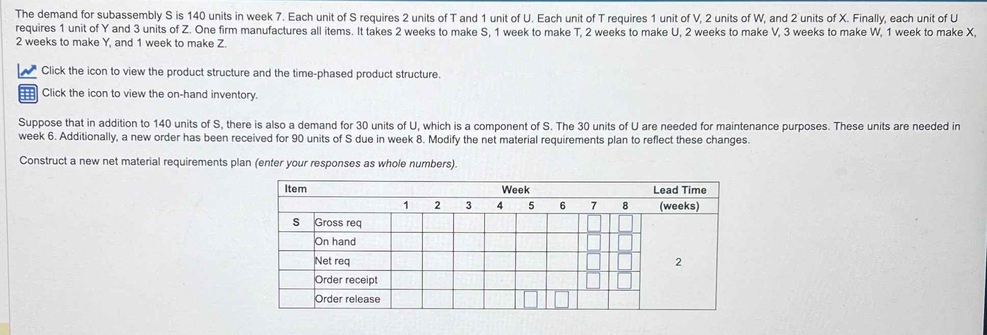  The demand for subassembly S is 140 units in week 7.