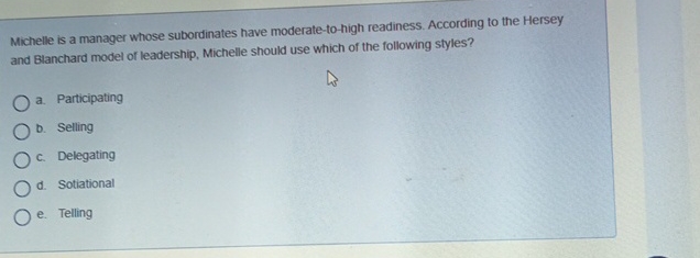  Michelle is a manager whose subordinates have moderate-to-high readiness. According to