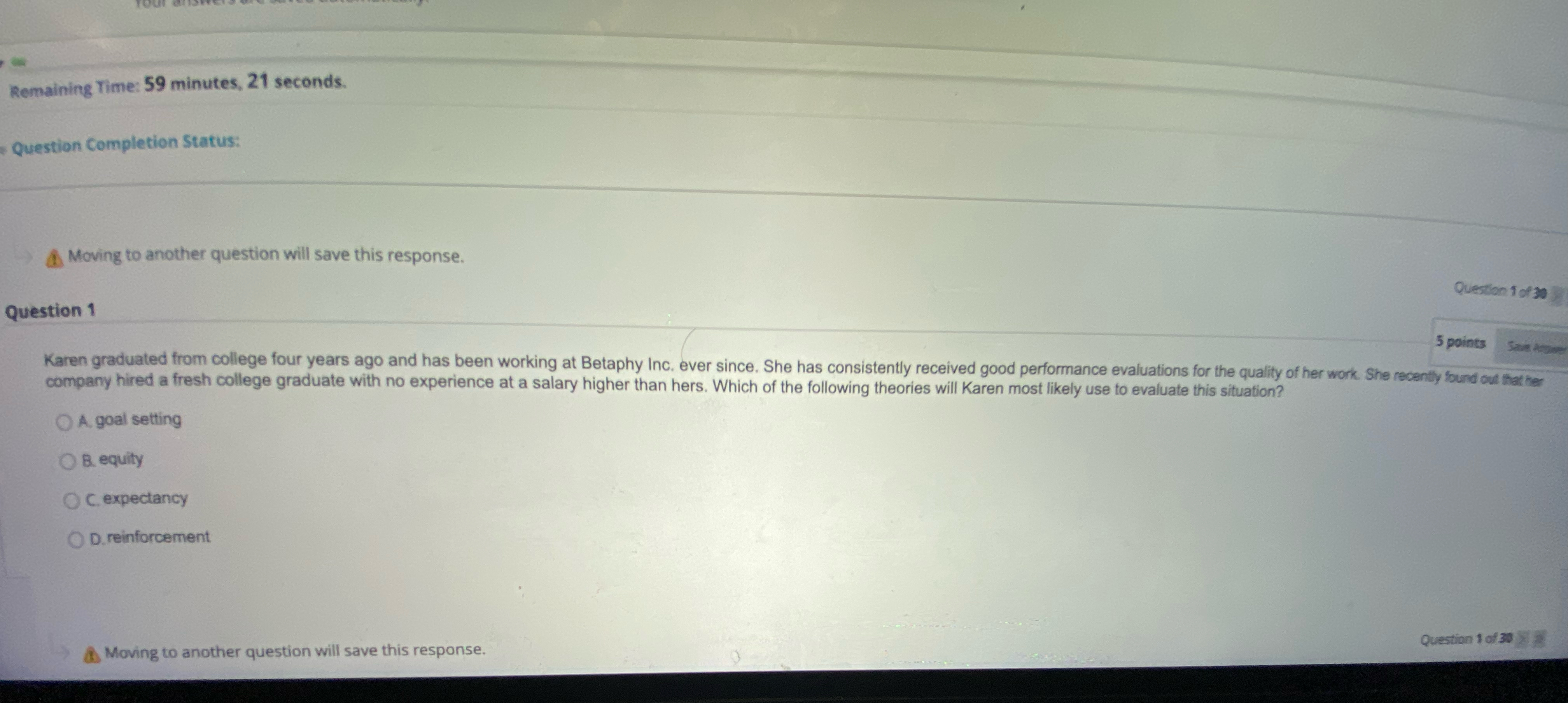  Remaining Time: 59 minutes, 21 seconds. Question Completion Status: Moving to