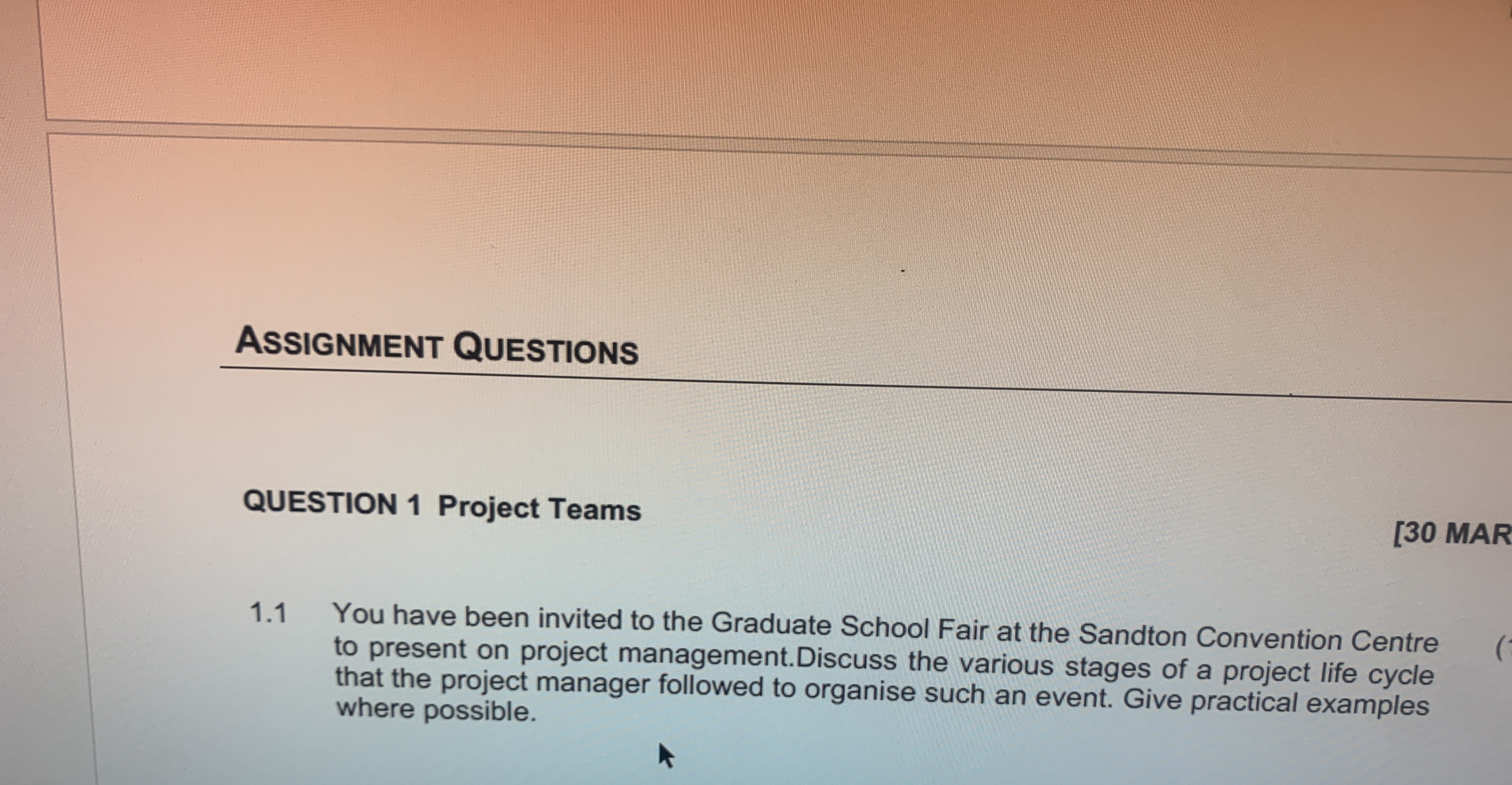  Assignment Questions QUESTION 1 Project Teams [30 MAR 1.1 You have