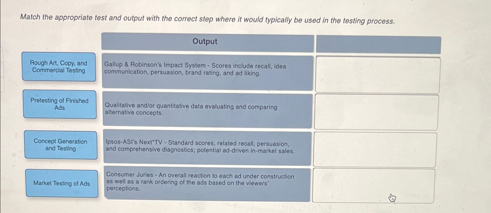  Match the appropriate test and output with the correct step where