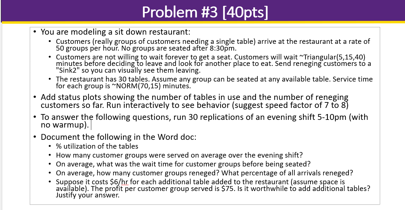  Problem #3[40pts] You are modeling a sit down restaurant: Customers (really