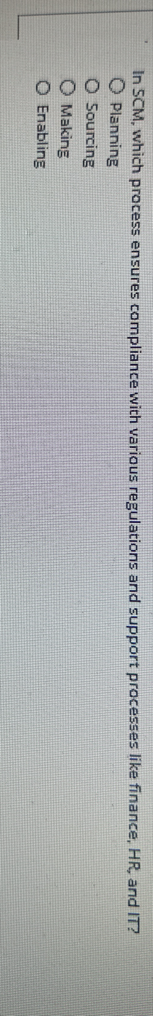  In SCM, which process ensures compliance with various regulations and support