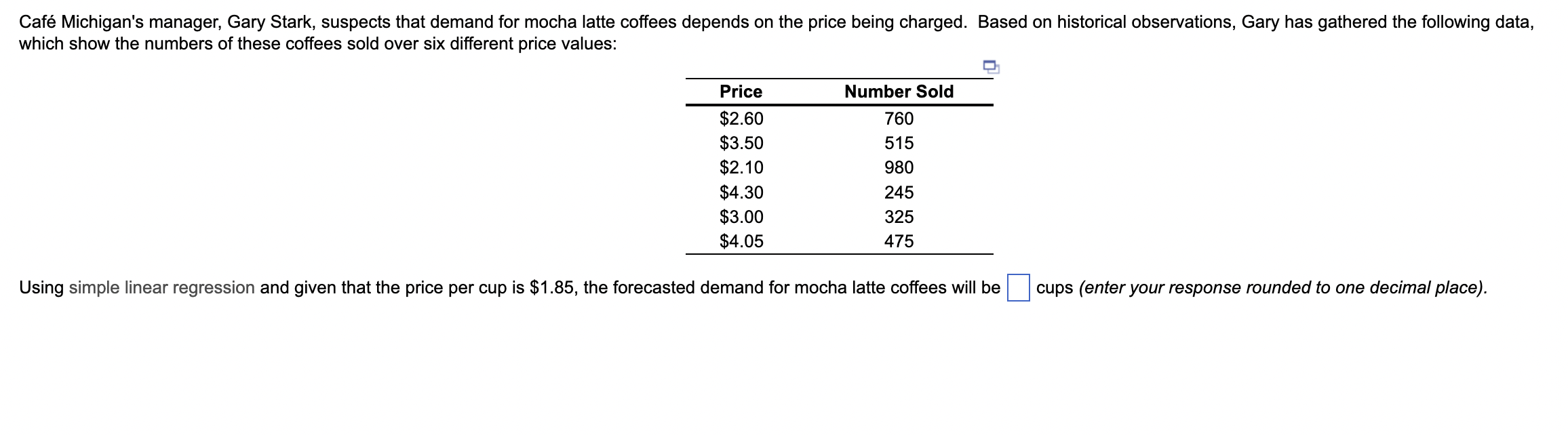  Caf Michigan's manager, Gary Stark, suspects that demand for mocha latte