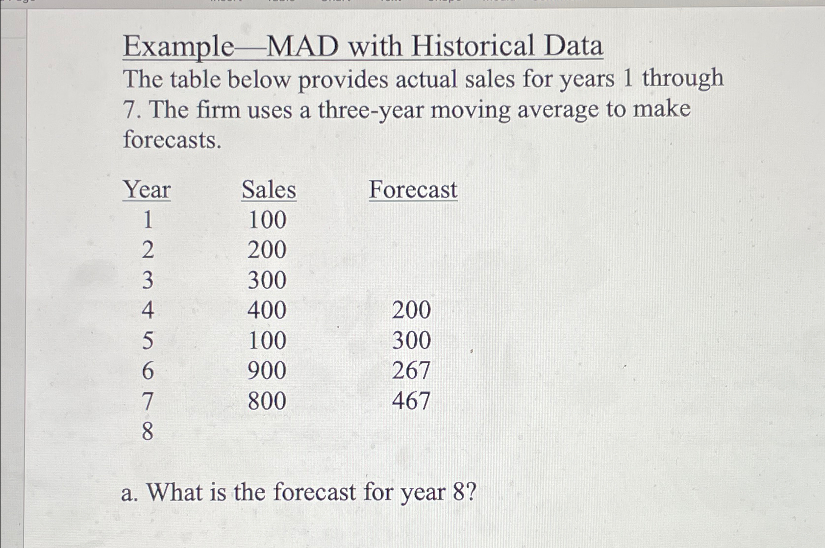  Example-MAD with Historical Data The table below provides actual sales for