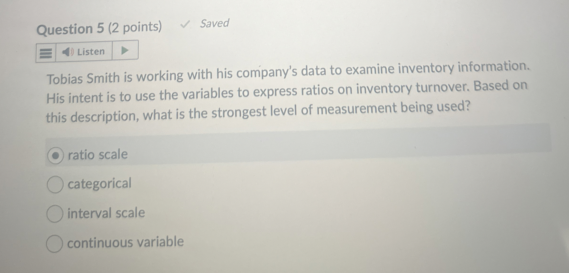  Question 5(2 points) Saved Listen Tobias Smith is working with his