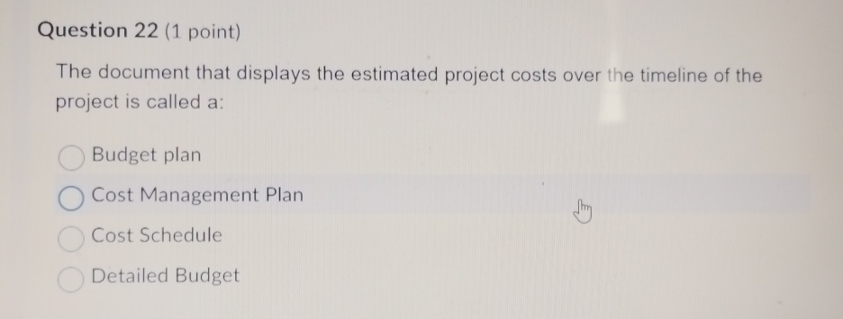  Question 22(1 point) The document that displays the estimated project costs