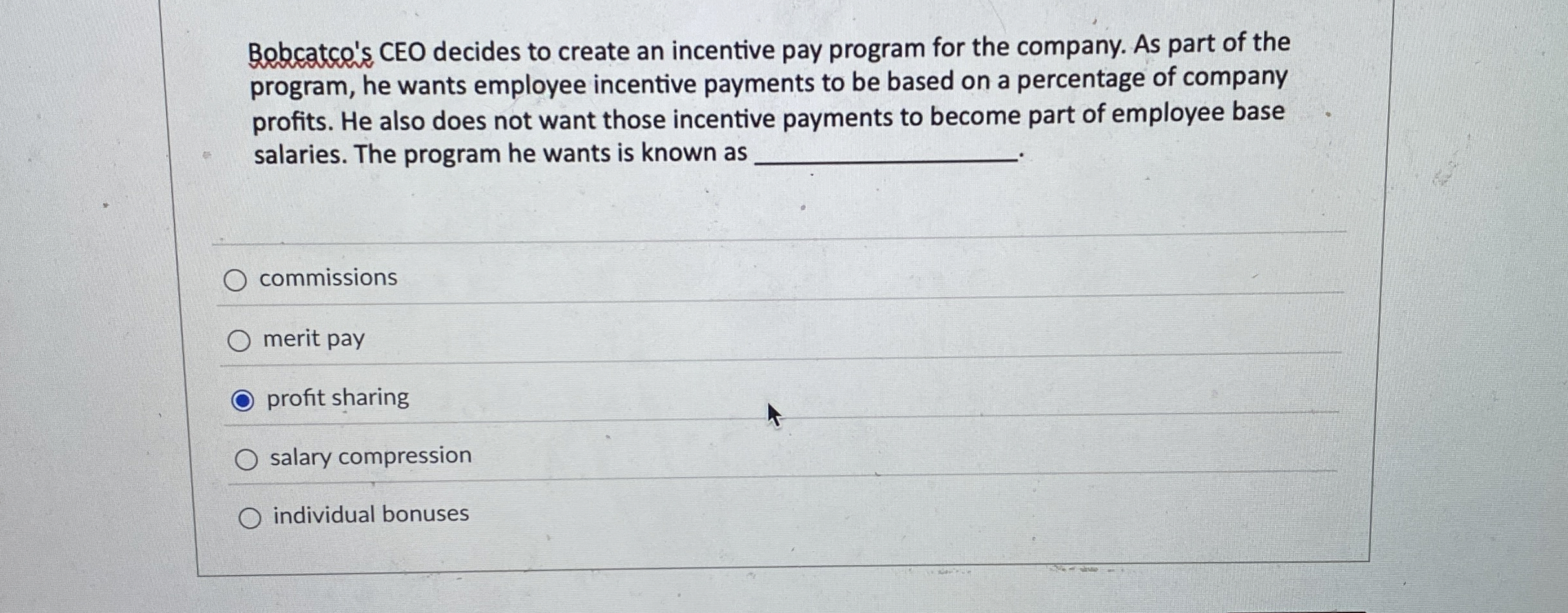  Bobcatco's CEO decides to create an incentive pay program for the