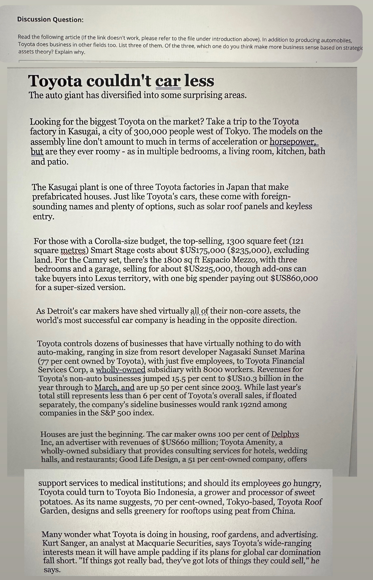  Discussion Question: Read the following article (If the link doesn't work,