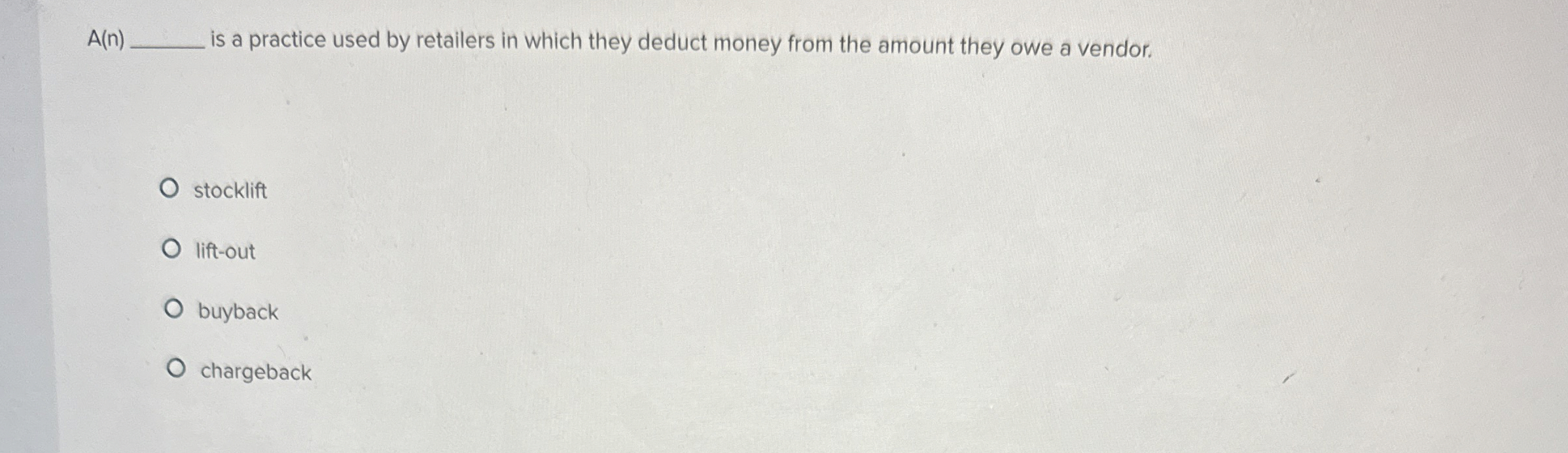  A(n)q, is a practice used by retailers in which they deduct