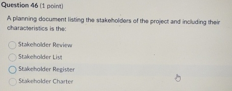  Question 46(1 point) A planning document listing the stakeholders of the
