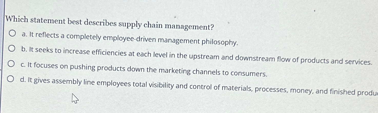  Which statement best describes supply chain management? a. It reflects a