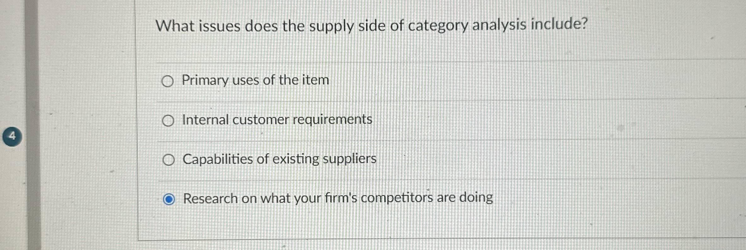  What issues does the supply side of category analysis include? Primary