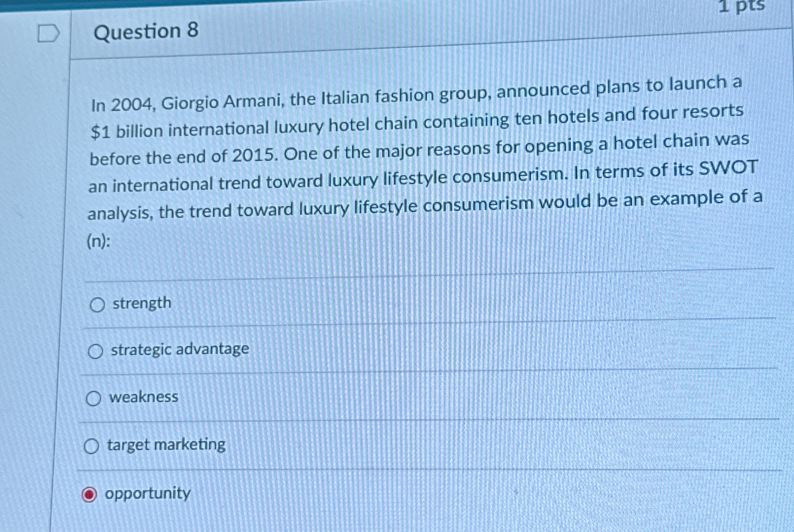  Question 8 In 2004, Giorgio Armani, the Italian fashion group, announced