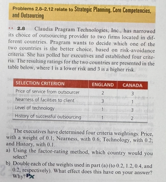  Problems 2.8-.12 relate to Strategic Planning, Core Competencies, and Outsourcing 2.8