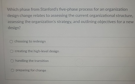  Which phase from Stanford's five-phase process for an organization design change