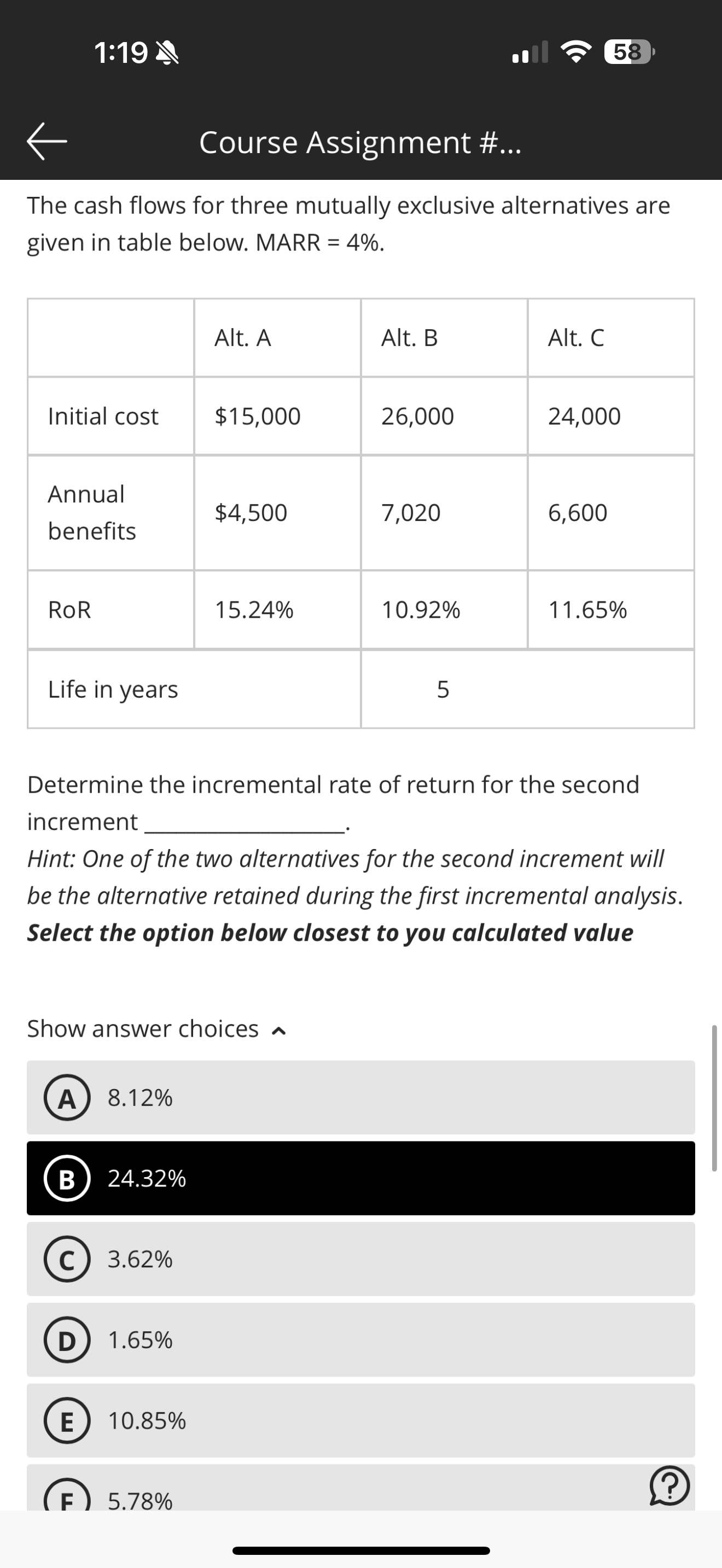  1:19 larr Course Assignment #... 58 The cash flows for three