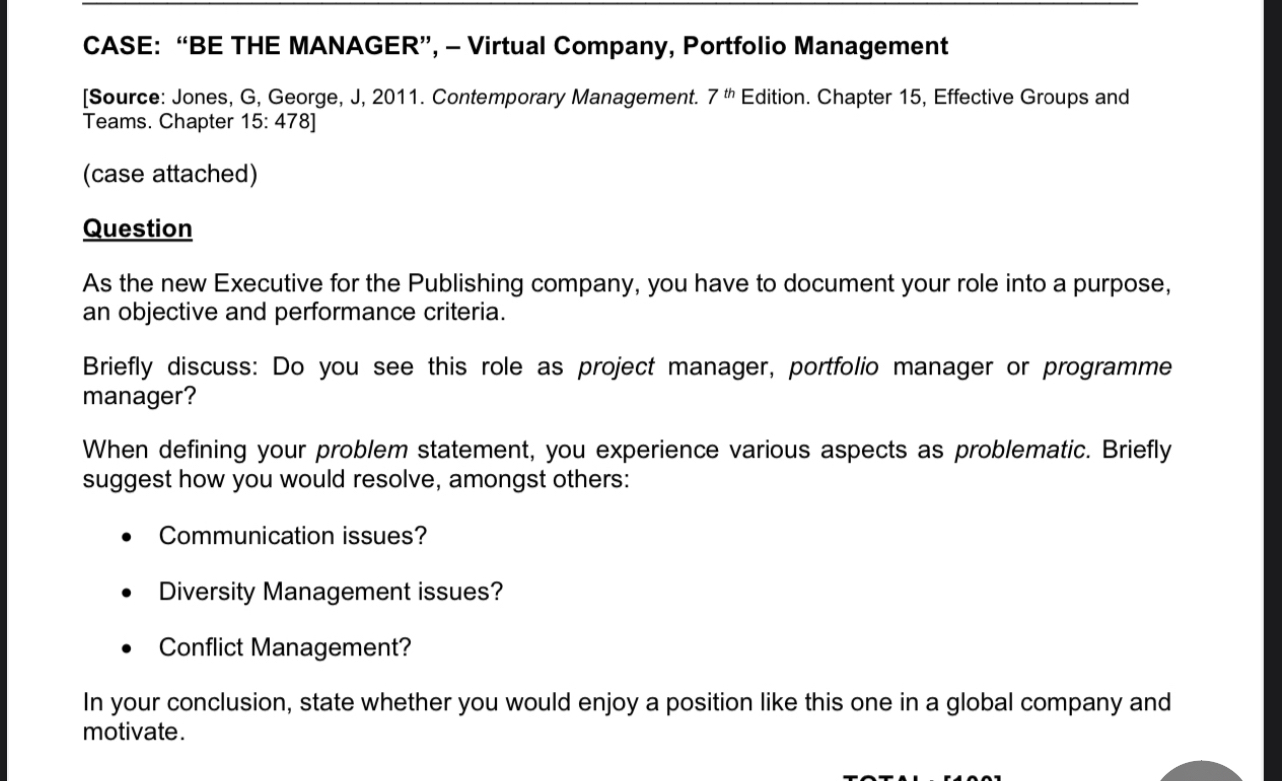 CASE: "BE THE MANAGER", - Virtual Company, Portfolio Management [Source: Jones,