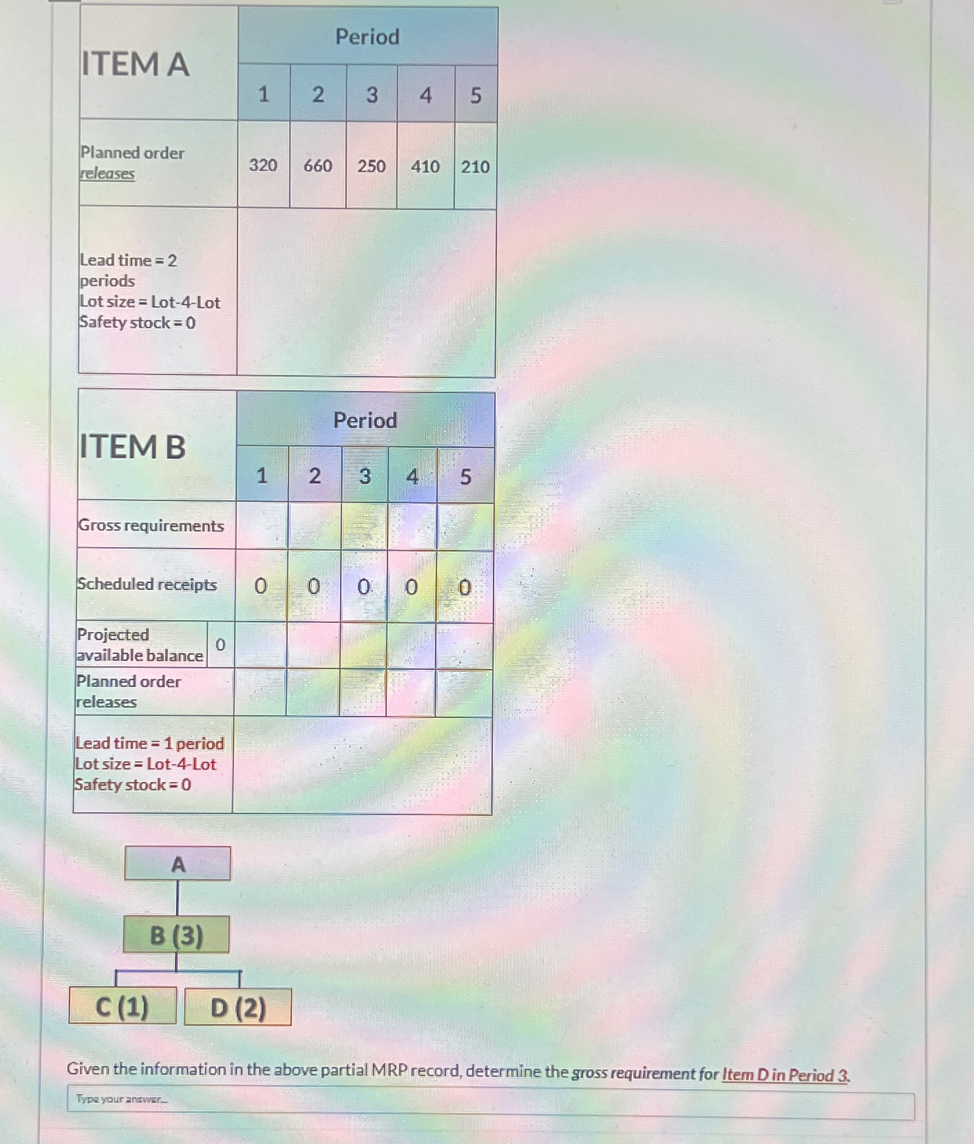 \table[[ITEM A,Period],[1,2,3,4,5],[\table[[Planned order],[releases]],320,660,250,410,210],[\table[[Lead time =2],[periods],[Lot size = Lot-4-Lot],[Safety stock =0]],]] \table[[ITEM