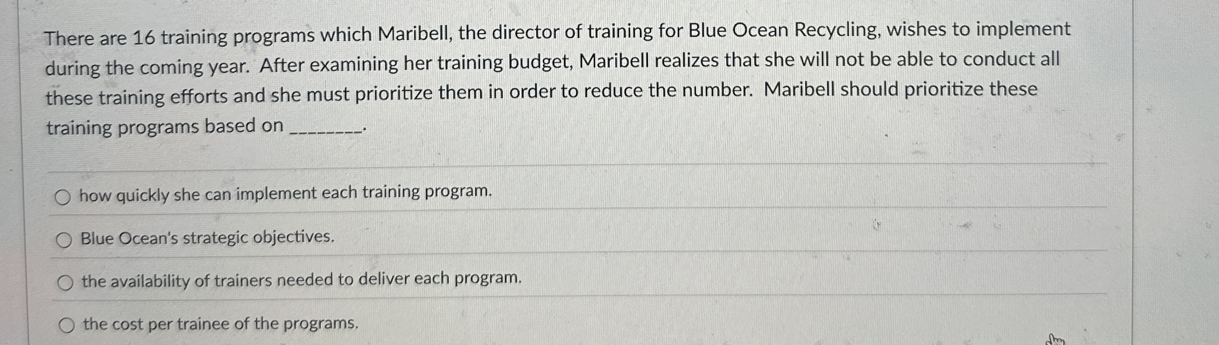  There are 16 training programs which Maribell, the director of training