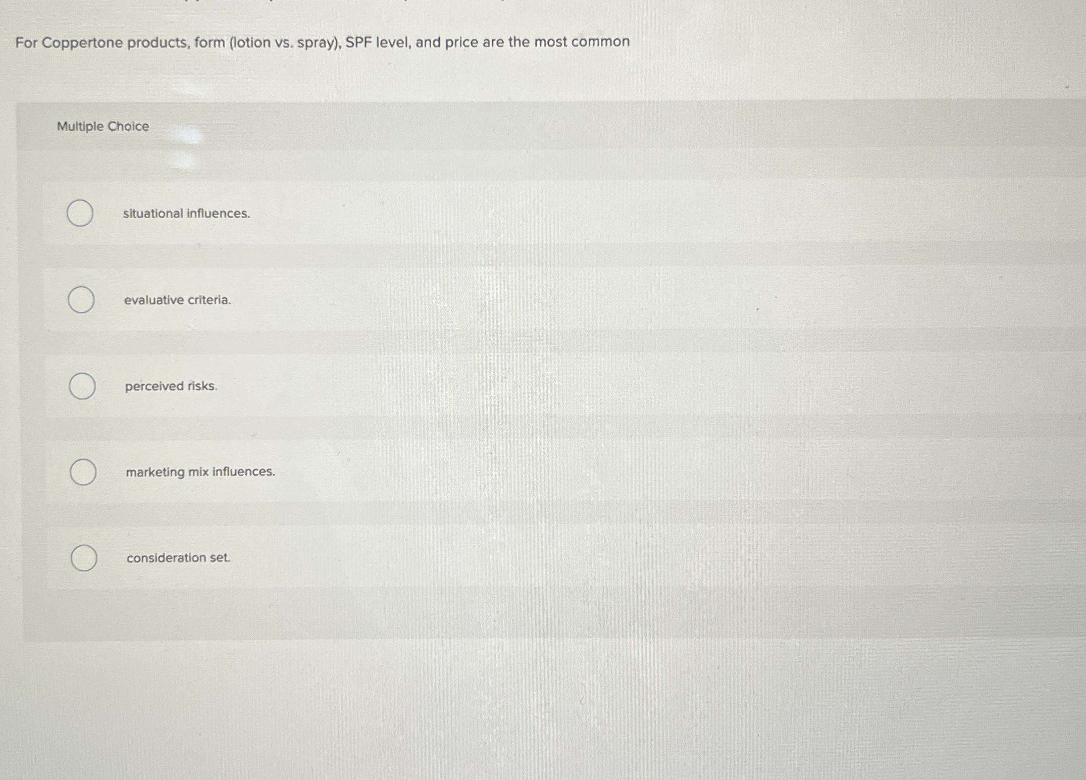  For Coppertone products, form (lotion vs. spray), SPF level, and price